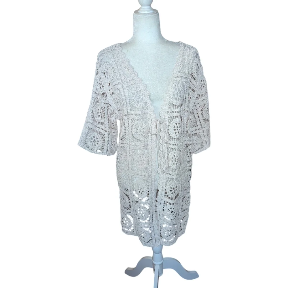 New Crochet Cardigan Natural Cream long Tie Front Festival NWT Sz S/M